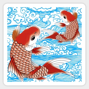 Red Koi fish and blue waves Japanese style pattern Sticker